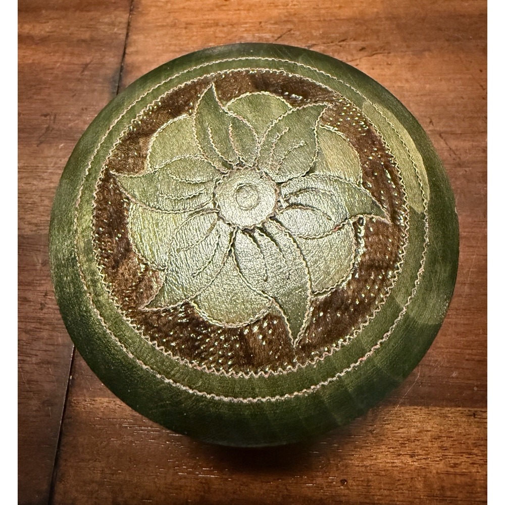 VTG Green & Brown Wooden Round Trinket Box, Floral Design Made In Poland